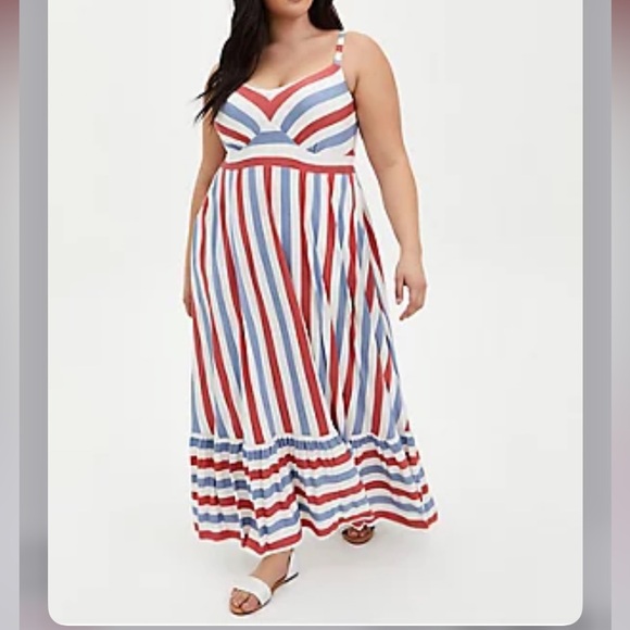 TORRID Super Soft Red And Blue Stripe Tired Maxi Dress. Size 5 (5x) - Picture 2 of 14
